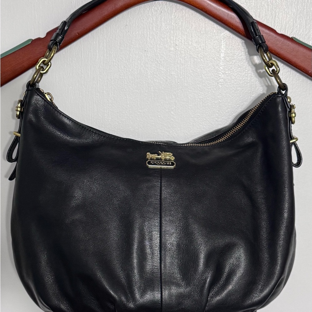 Vintage Coach Black Leather Madison Hobo Bag with Gold Accents